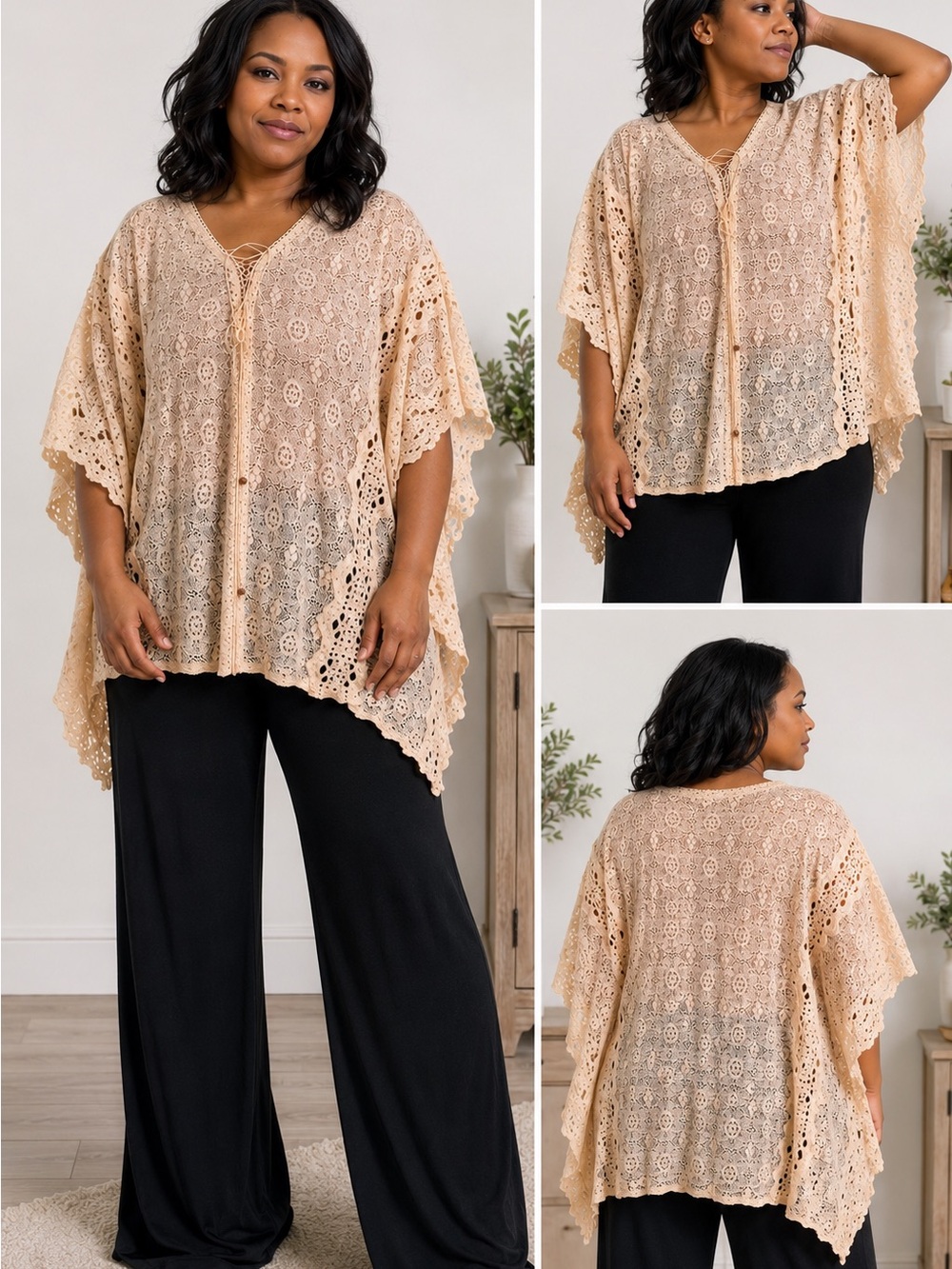 Lace Crochet V-Neck Tunic Top in Beige